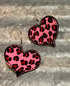 Pink Leopard Heart Earrings