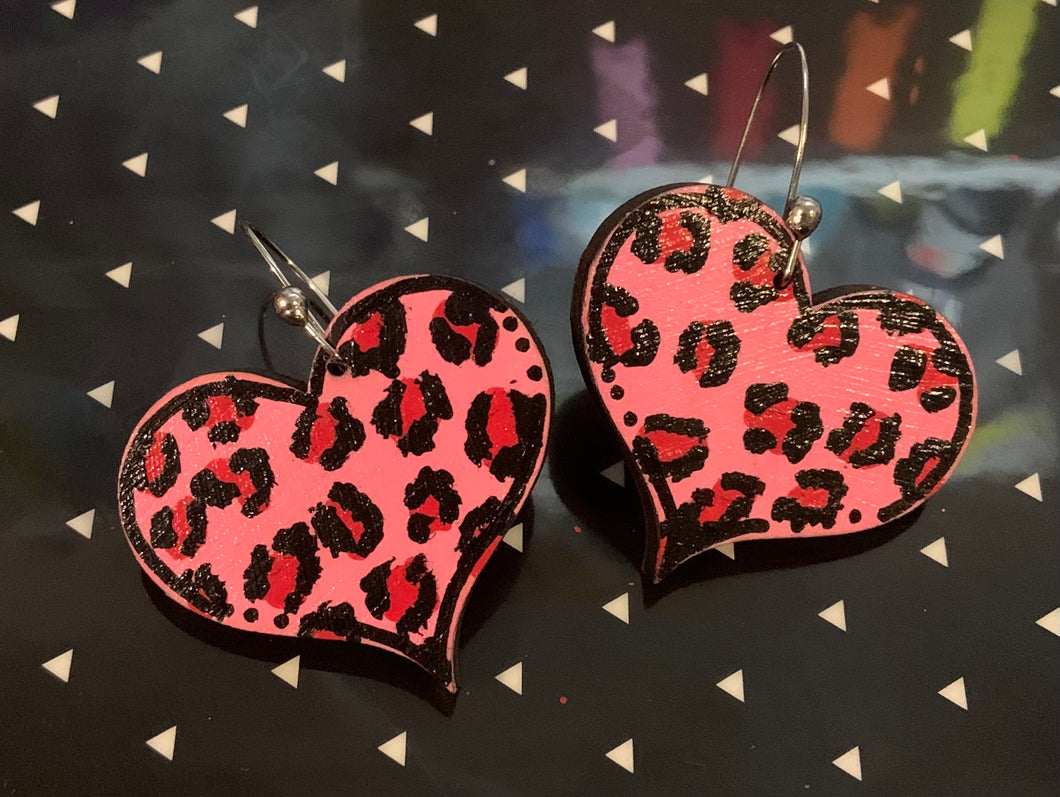 Pink Leopard Heart Earrings